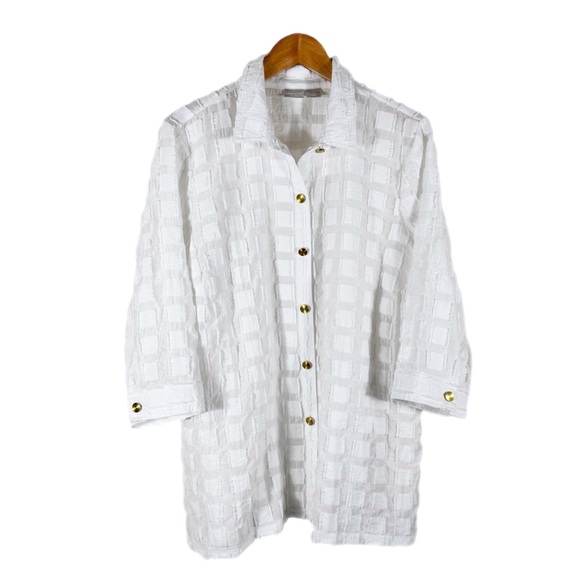 Chico's Tops - Chico’s Traveler’s Sheer Textured Geometric Button Up Shirt XL (Chico’s 3) White